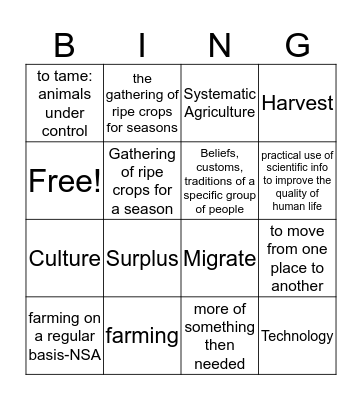 Neolithic Age Bingo Card