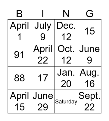 Las Fechas, Los numeros y Los Dias Bingo Card