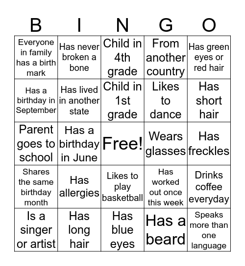 Family Fun Night Bingo Card