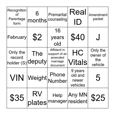 Knowledge I Bingo Card