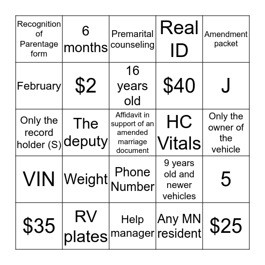 Knowledge I Bingo Card