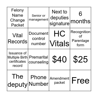 Vitals Bingo Card