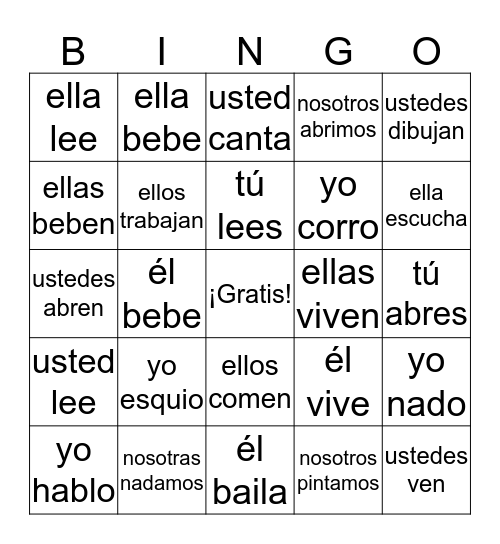 Los Verbos AR/ER/IR Bingo Card