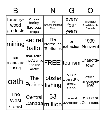 Canadian Citizenship Bingo Card