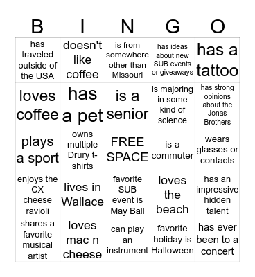The Students of the Student Union Board Bingo Card