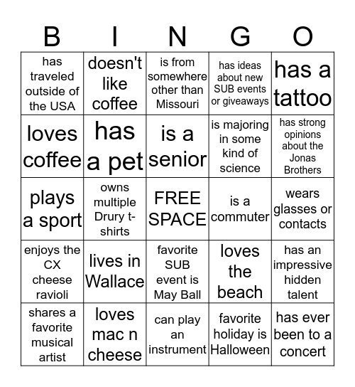 The Students of the Student Union Board Bingo Card