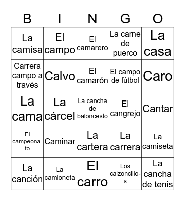 Spanish Bingo Card