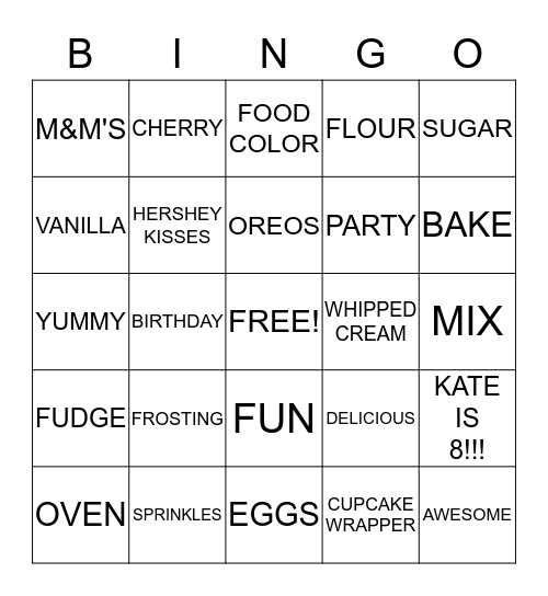 KATE'S CUPCAKE PARTY Bingo Card