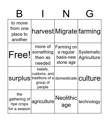 Neolithic Age Bingo Card