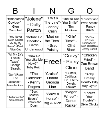 BINGO SINGO - COUNTRY Bingo Card