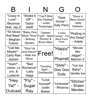 BINGO SINGO - POP Bingo Card