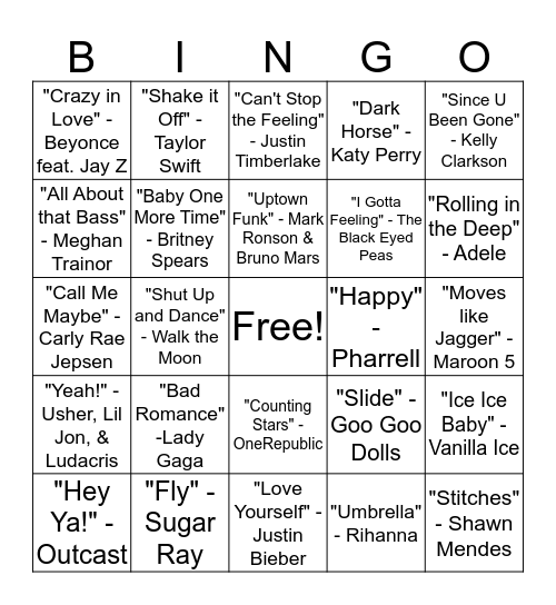 BINGO SINGO - POP Bingo Card