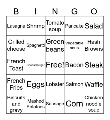 Restaurant Food Bingo Card