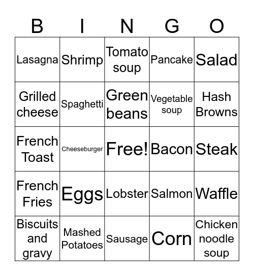 Restaurant Food Bingo Card