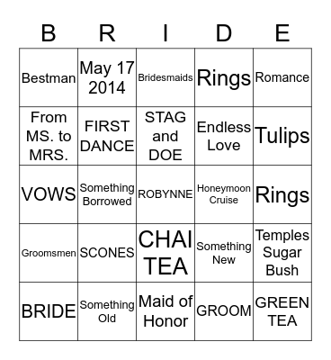 Robynne's Bridal High Tea Bingo Card