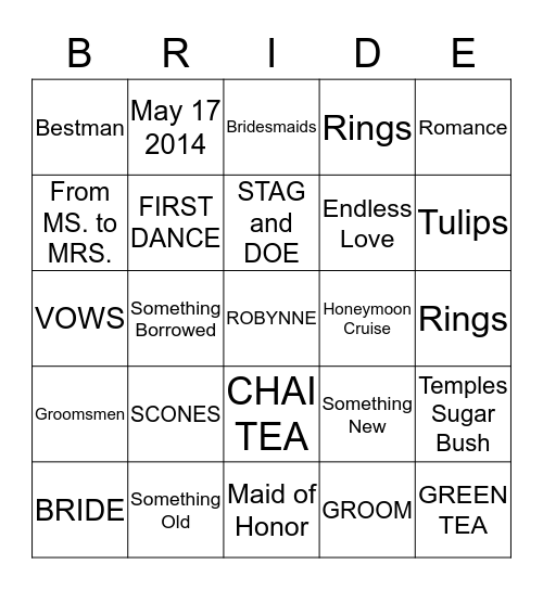 Robynne's Bridal High Tea Bingo Card