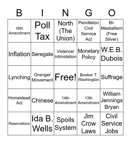 Westward Expansion, Reconstruction, & Populism  Bingo Card