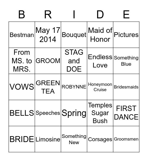 Robynne's Bridal High Tea Bingo Card