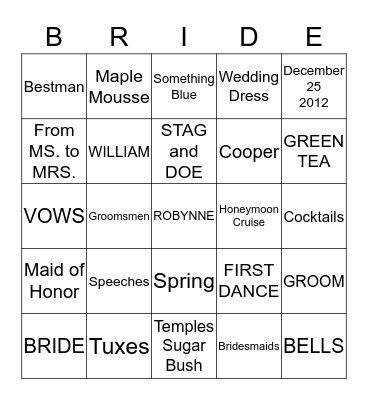Robynne's Bridal High Tea Bingo Card