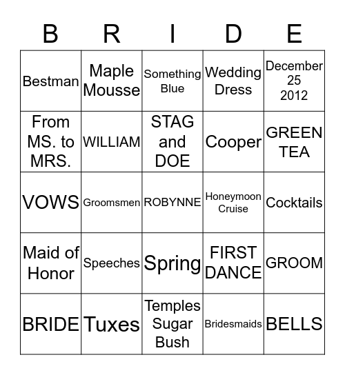 Robynne's Bridal High Tea Bingo Card