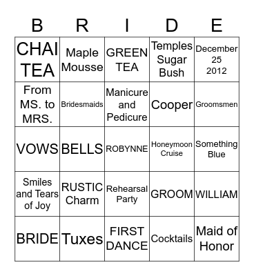 Robynne's Bridal High Tea Bingo Card