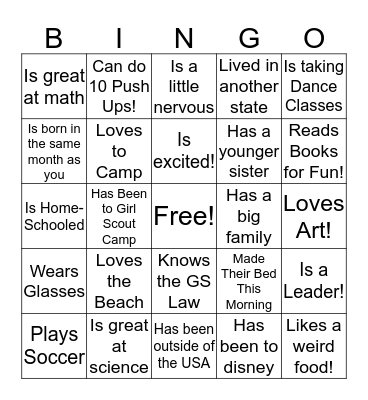 Girl Scout "Get to Know You" Bingo Card