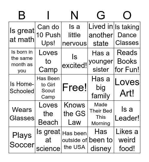 Girl Scout "Get to Know You" Bingo Card