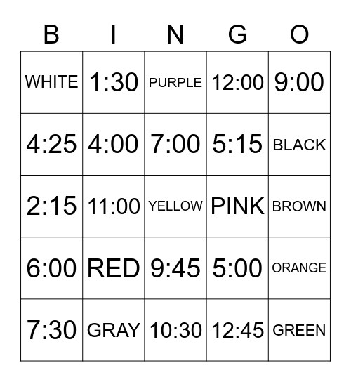 L'heure et les couleurs Bingo Card