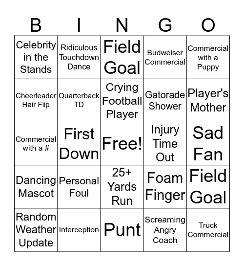 Football Wingo Bingo Card