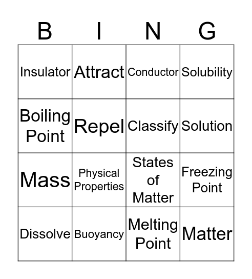Physical Properties of Matter Bingo Card