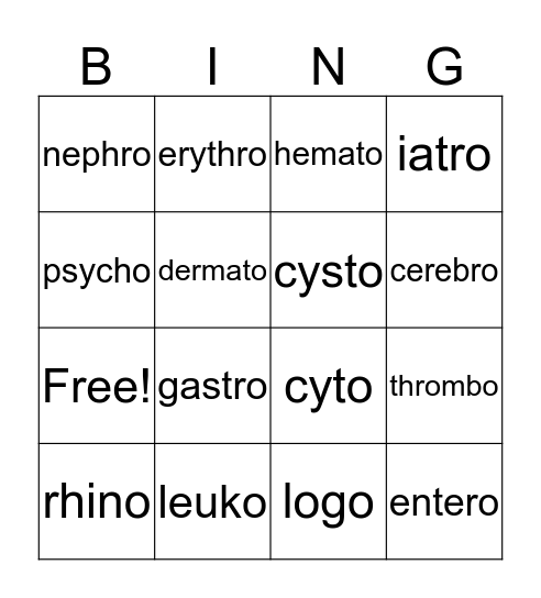 Combining Forms BINGO Card