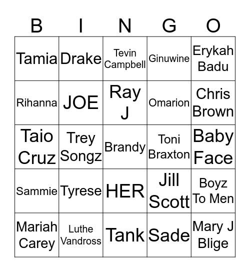 R & B Artist Bingo Card