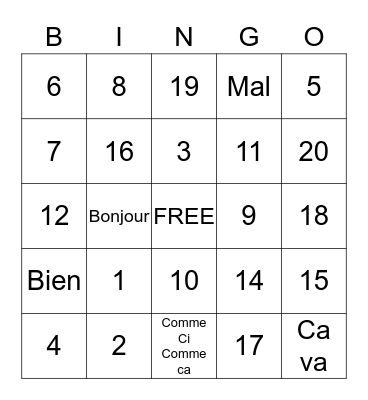 Les Numeros 1-20 Bingo Card