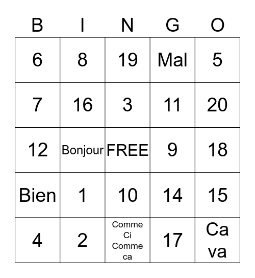 Les Numeros 1-20 Bingo Card