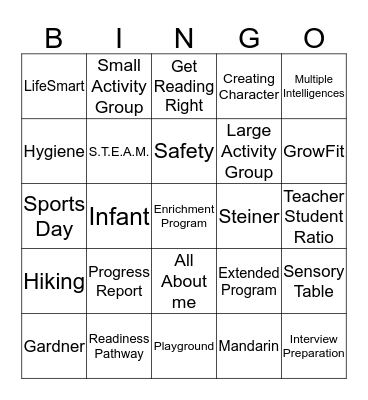 Kindergarten Bingo Card