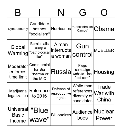 Democratic Primary Debate Bingo Card