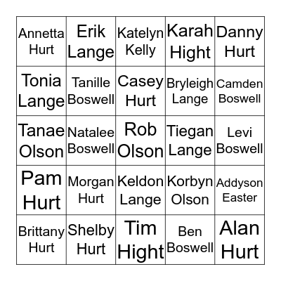Hurt Family Bingo Card