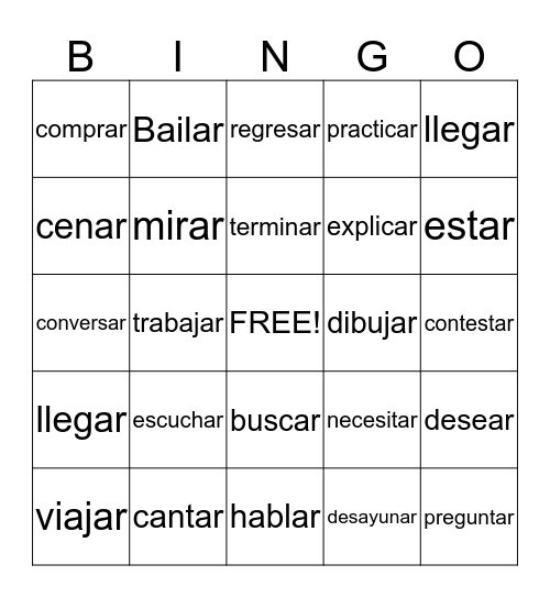 AR VERBS  Bingo Card