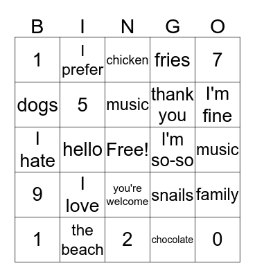 French Bingo #1 Bingo Card