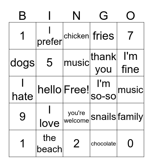 French Bingo #1 Bingo Card