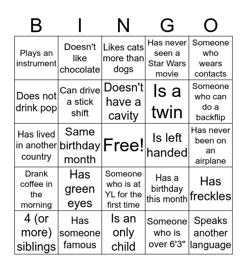 Young Life Bingo Card