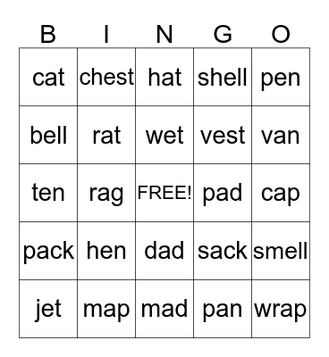 short vowel a & e Bingo Card