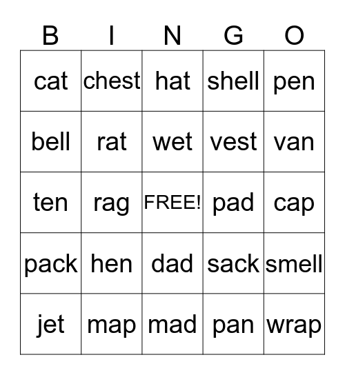 short vowel a & e Bingo Card