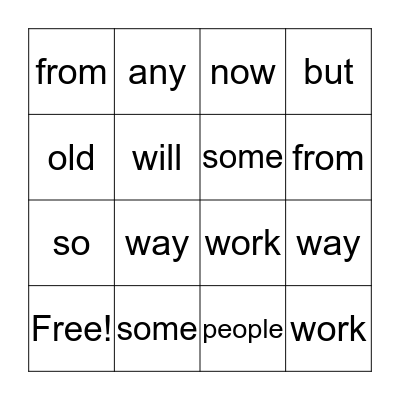 1.3 High Frequency Word List Bingo Card