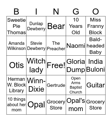 Because of Winn-Dixie Bingo Card