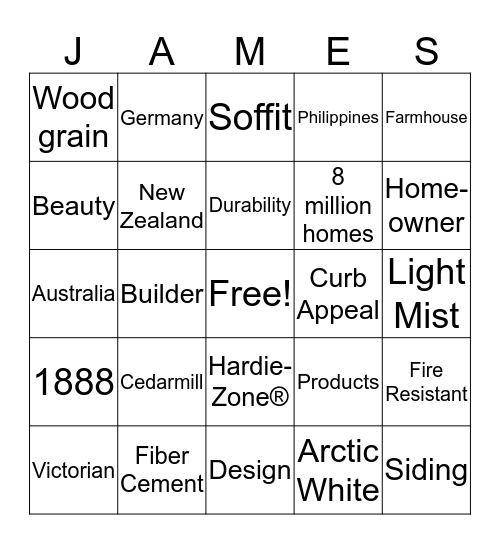 James Hardie Bingo Card