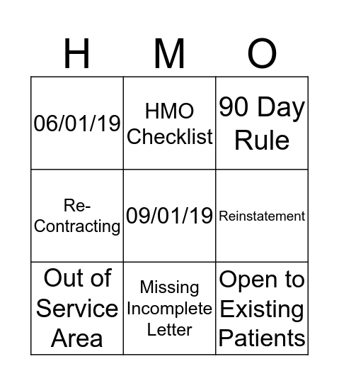 PCP/SPC HMO BINGO Card