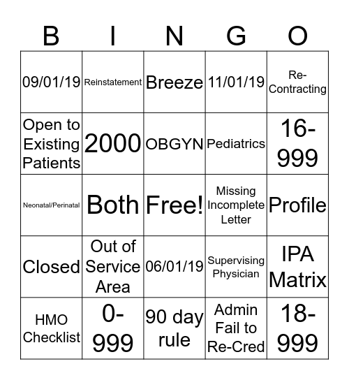 PCP/SPC ADD BINGO Card