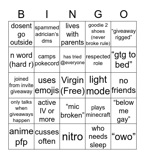 freezer game bingo Card