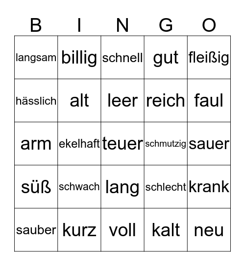 Das Adjektiv Bingo Card